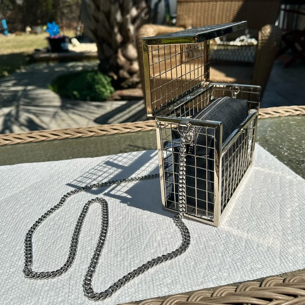 Silver and Black Cage Clutch with Chain - Picture 5 of 11